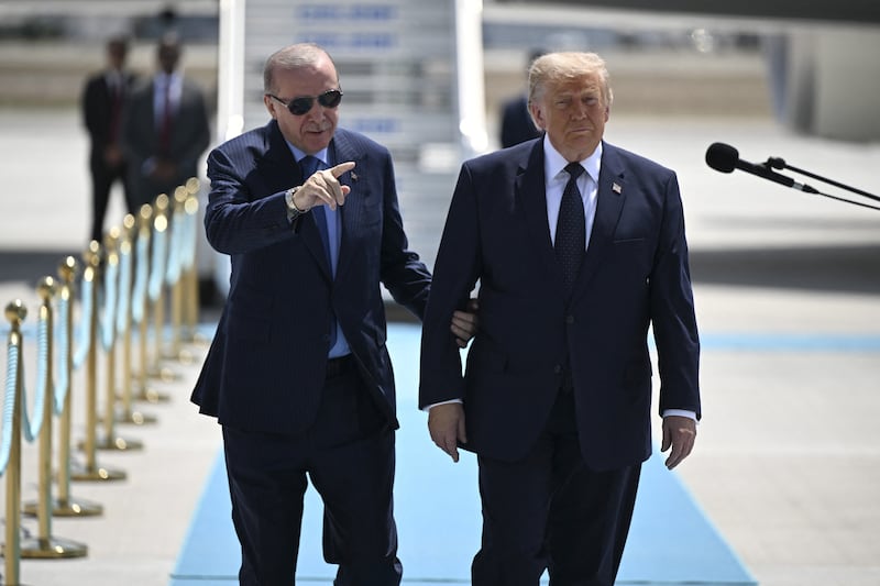 ANKARA, TURKIYE - JULY 07: Turkish President Recep Tayyip Erdogan welcomes US President Donald Trump at Ankara Airport, who is paying an official visit to Turkey ahead of the 36th NATO Heads of State and Government Summit in Ankara, Turkey, on July 07, 2026. Dogukan Keskinkilic/Pool via REUTERS