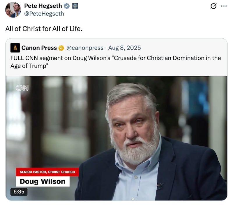 Pete Hegseth shared a CNN profile on controversial Pastor Doug Wilson on his X account last August.