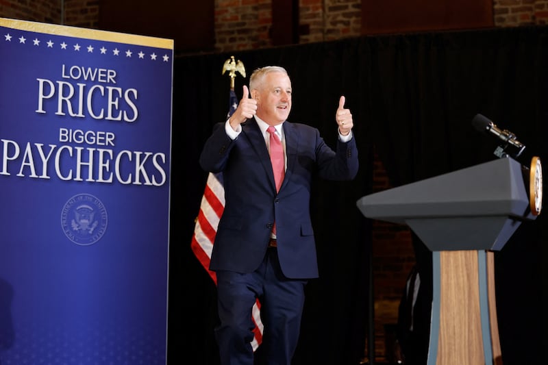 Republican U.S. Senate candidate Michael Whatley gives thumbs up as he attends an event held by U.S. Vice President JD Vance in Rocky Mount, North Carolina, U.S., March 13, 2026. REUTERS/Jonathan Drake