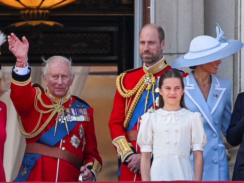 King Charles, Queen Camilla, Prince William, Princess Catherine, Princess Charlotte, Prince George, and Prince Louis at the Trooping the Colour parade.