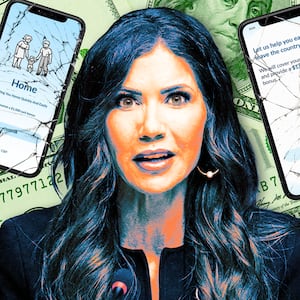 A photo illo illustration of Kristi Noem and the DHS self-deportation phone app.