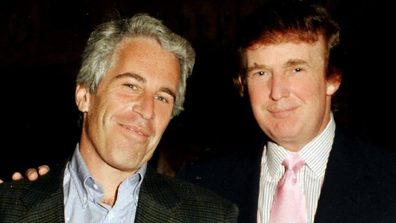 Portrait of American financier Jeffrey Epstein (left) and real estate developer Donald Trump as they pose together at the Mar-a-Lago estate, Palm Beach, Florida, 1997.(Photo by Davidoff Studios/Getty Images)