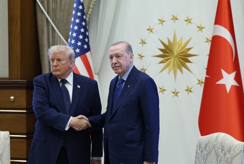 ANKARA, TURKIYE - JULY 7: (----EDITORIAL USE ONLY MANDATORY CREDIT - 'TURKISH PRESIDENCY / MUSTAFA KAMACI / HANDOUT' - NO MARKETING NO ADVERTISING CAMPAIGNS - DISTRIBUTED AS A SERVICE TO CLIENTS----) Turkish President Recep Tayyip Erdogan meets with US President Donald Trump, who is paying an official visit to Turkiye ahead of the 36th NATO Heads of State and Government Summit in Ankara, at the Presidential Complex in Ankara, Turkiye on July 7, 2026. (Photo by TUR Presidency/Mustafa Kamaci/Anadolu via Getty Images)