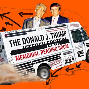 A photo illo illustration of Jeffrey Epstein, Donald Trump, and the Donald J. trump Jefferey Epstein Memorial Reading Room bookmobile truck.