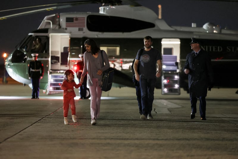 U.S. Vice President JD Vance, U.S. second lady Usha Vance, and their daughter Mirabel walk after descending from Marine Two before boarding Air Force Two for travel to France from Joint Base Andrews, Maryland, U.S., February 9, 2025.
