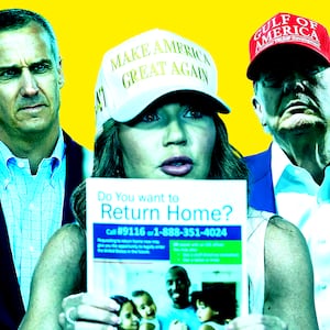 Donald Trump, Kristi Noem, Corey Lewandowski photo illustration, illo