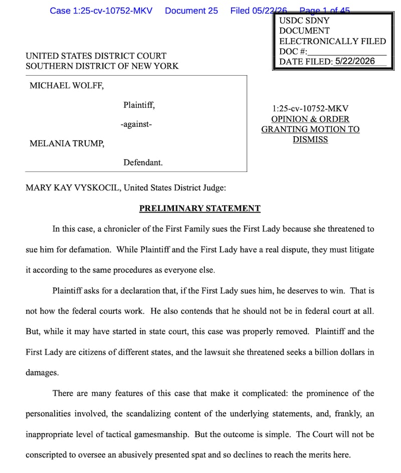 Preliminary statement from U.S. District Judge Mary Kay Vyskocil in Michael Wolff v Melania Trump.
