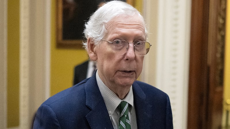 Then-Senate Minority Leader Mitch McConnell (R-KY) speaks to the press after voting on the continuing resolution passed by the House earlier in the day on Capitol Hill in Washington, DC on September 30, 2023. Last-ditch moves to prevent a government shutdown took a dramatic step forward September 30, 2023, as Democrats overwhelmingly backed an eleventh-hour Republican measure to keep federal funding going for 45 days, albeit with a freeze on aid to Ukraine.