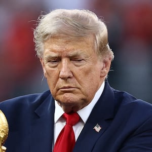 U.S. President Donald Trump and FIFA President Gianni Infantino with the World Cup trophy during the trophy presentation