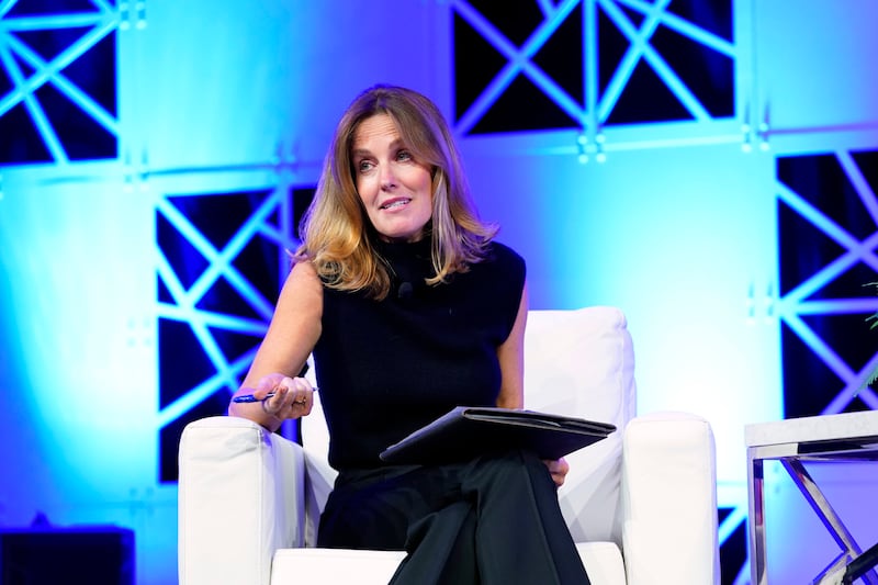 Sharyn Alfonsi, Correspondent, 60 Minutes reacts in conversation with José Andrés, Chef, Humanitarian & Founder, World Central Kitchen during 2022 Texas Conference For Women at Austin Convention Center on November 09, 2022 in Austin, Texas.