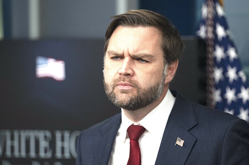 Vice President of the United States JD Vance delivers remarks during a press briefing at the White House