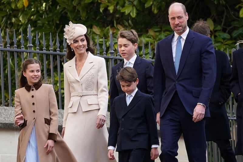 Princess Charlotte, Princess Kate, Prince George, Prince Louis, and Prince William arriving at the Easter Matins Service at St. George's Chapel in Windsor, Britain, in April 2026.