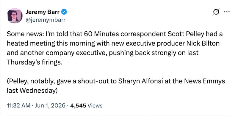 Guardian media reporter Jeremy Barr says Scott Pelley fought with new boss over firings.