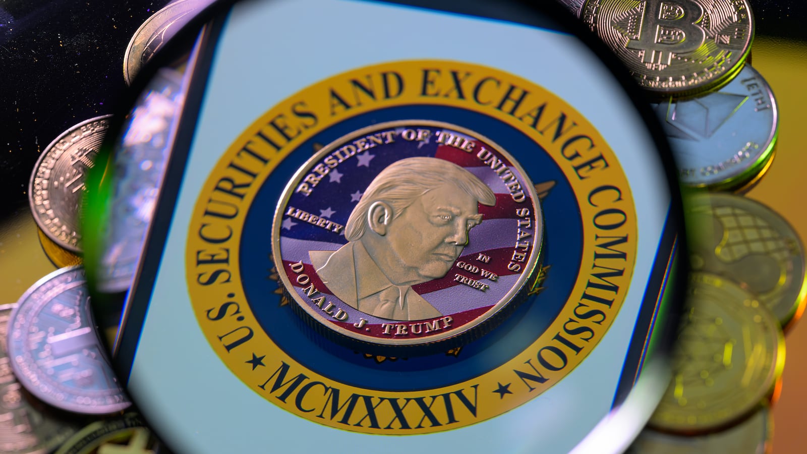 This photo illustration shows a representation of cryptocracy coins with the $Trump meme coin (collection coin) in Brussels, Belgium, on March 3, 2025.