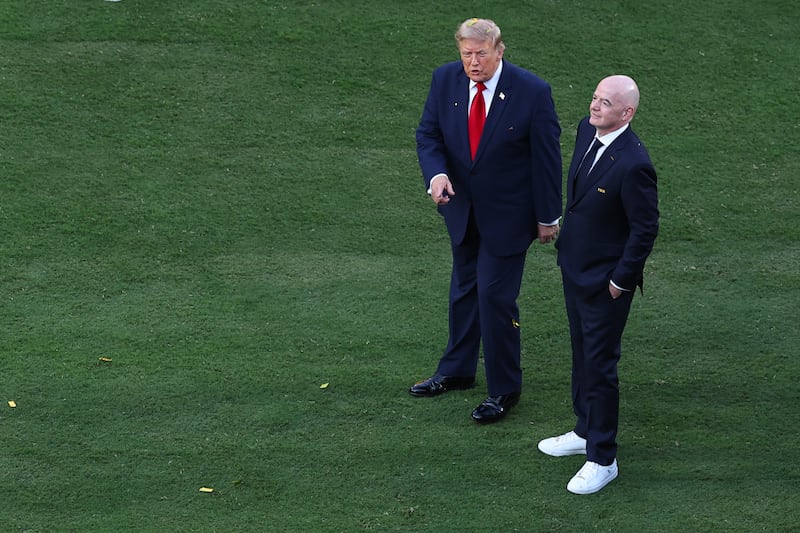 EAST RUTHERFORD, NEW JERSEY - JULY 19: Gianni Infantino the president of FIFA with Donald Trump, president other United States of America  during the FIFA World Cup 2026 Final match between Spain and Argentina at New York New Jersey Stadium on July 19, 2026 in East Rutherford, United States. (Photo by Robbie Jay Barratt - AMA/Getty Images)