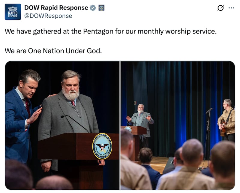 The Pentagon's X account shares photos of Pete Hegseth with Pastor Doug Wilson.