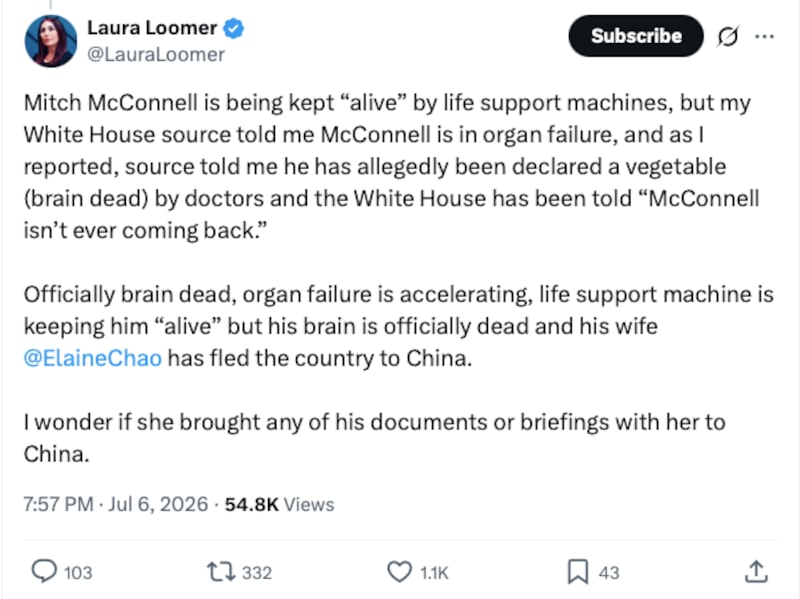 Loomer claimed McConnell was in "organ failure."