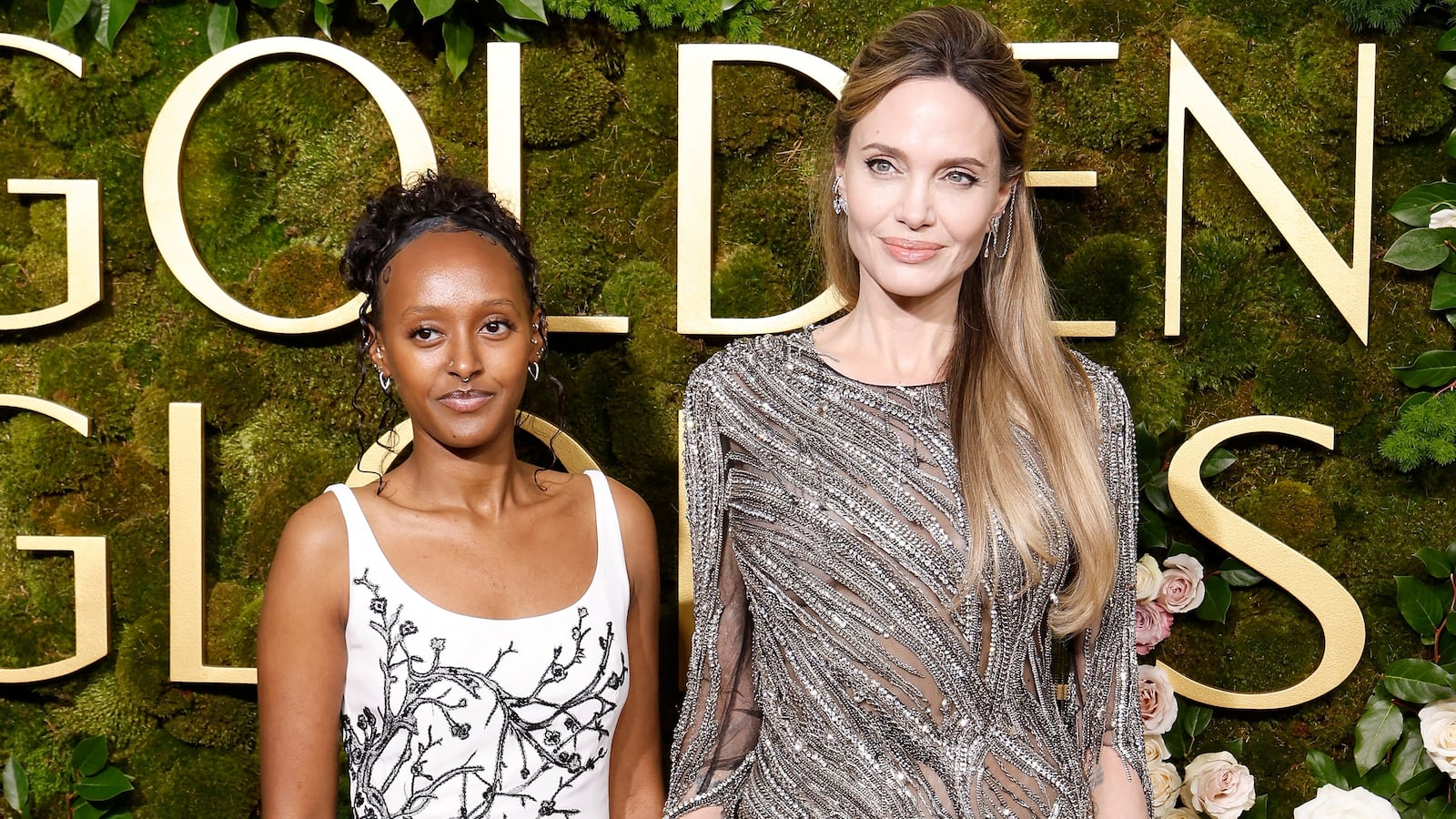 Zahara Jolie and Angelina Jolie attend the 2025 Golden Globe Awards at The Beverly Hilton on January 05, 2025 in Beverly Hills, California.