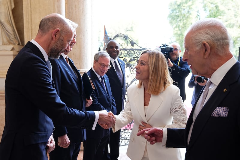 Italian Prime Minister Giorgia Meloni meets Theo Rycroft at Villa Doria Pamphili, in Rome, on the third day of the four day state visit to Italy. Picture date: Wednesday April 9, 2025.    Aaron Chown/Pool via REUTERS