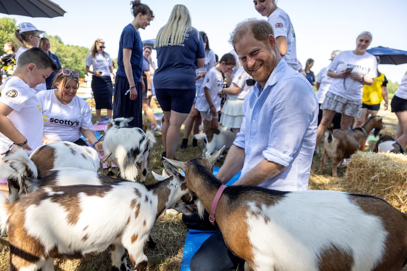 Britain's Prince Harry takes part in Goat Yoga during Scotty's Summer Festival at Maxstoke Castle, in Warwickshire, Britain, July 11, 2026. Heathcliff O'Malley/Pool via REUTERS